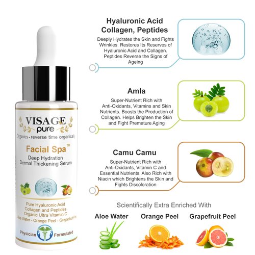 Visage Pure - Facial Spa"Dermal Thickening" Serum - Organic - Physician Formulated - Research Supported - Extra Nutrient and Vitamin C Charged Blend of Collagen, Hyaluronic Acid and Peptides