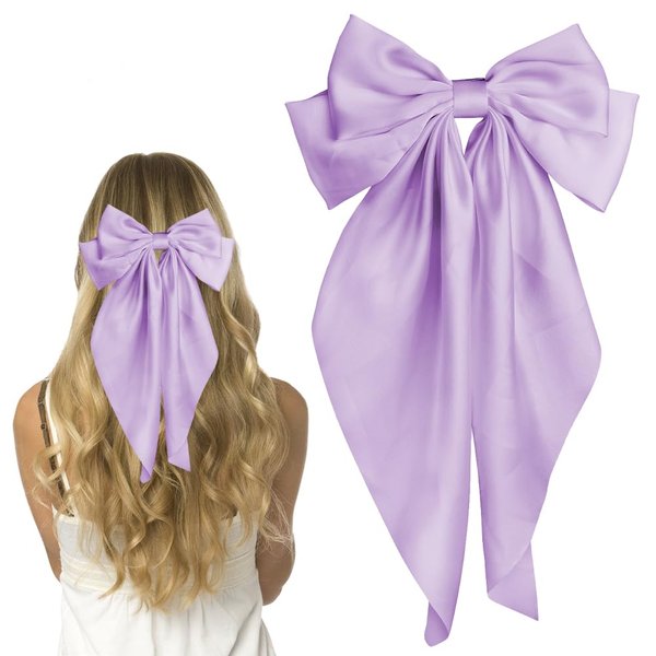 Pufandor Hair Bow Silky Satin Hair Ribbons for Women, Purple Bows for Girls Hair Bowknot Barrettes Long Tails with Clips Big Hair Bows Hair Accessories (Purple 1pc)