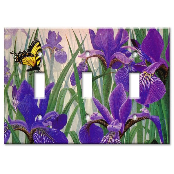 Art Plates - Triple Gang Toggle Decorative Metal Wall Plate - Butterfly in Irises - (Made in USA)