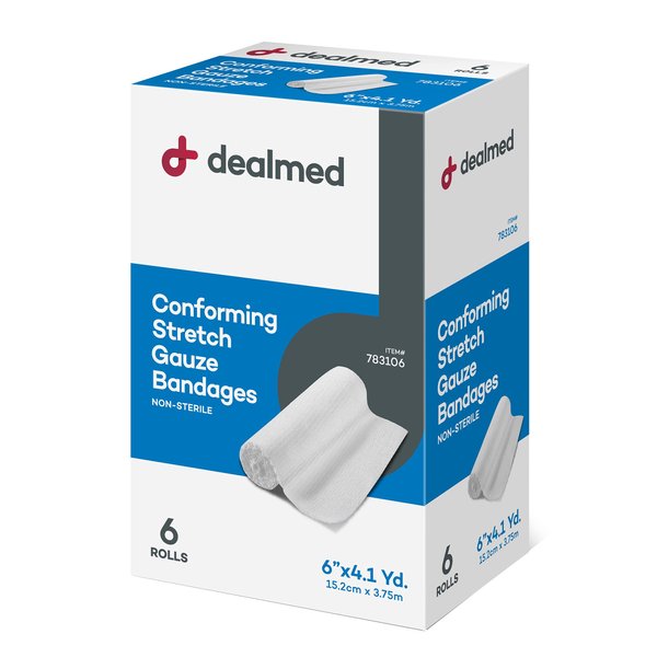 Dealmed 6" Non-Sterile Conforming Stretch Gauze Bandages, 4.1 Yards Latex Free Stretched Dressing Wrap, Medical Non-Adherent Wound Care Mesh Bandages (Box of 6 Rolls)