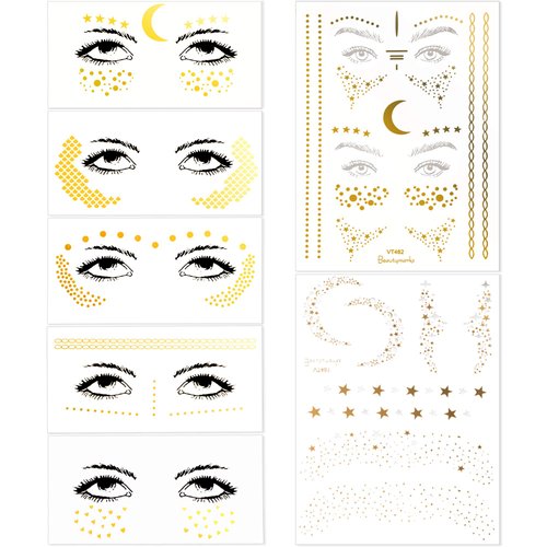 7 Sheets Face Metallic Tattoo Stickers Gold Face Temporary Tattoos Freckle Sticker for Women Girls Halloween Make Up Cosplay (15 Styles)