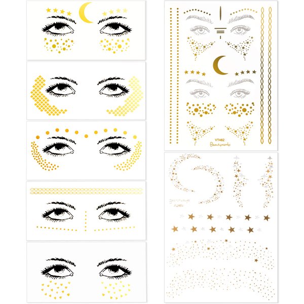 7 Sheets Face Metallic Tattoo Stickers Gold Face Temporary Tattoos Freckle Sticker for Women Girls Halloween Make Up Cosplay (15 Styles)