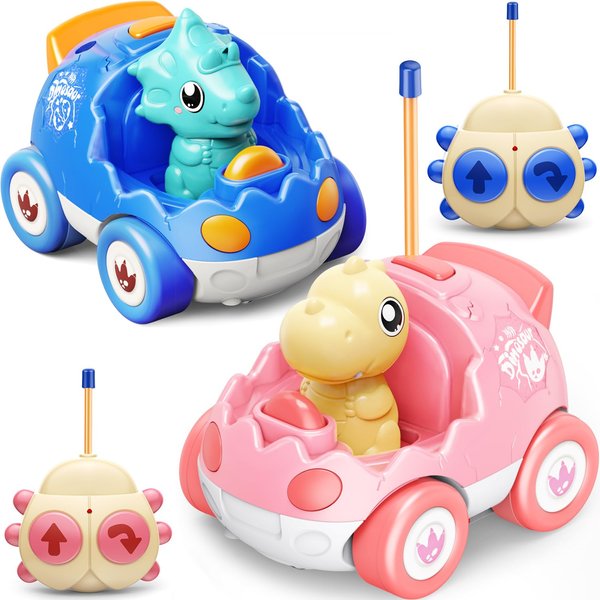 2 Pack Remote Control Car Toys for Girls 2 3 4 Years Old, Race Cars for Toddlers, Dinosaur Toys for Kids 2-4, RC Car Toys with Music, Birthday/Xmas Gifts for Kids, Girls(Pink Blue)