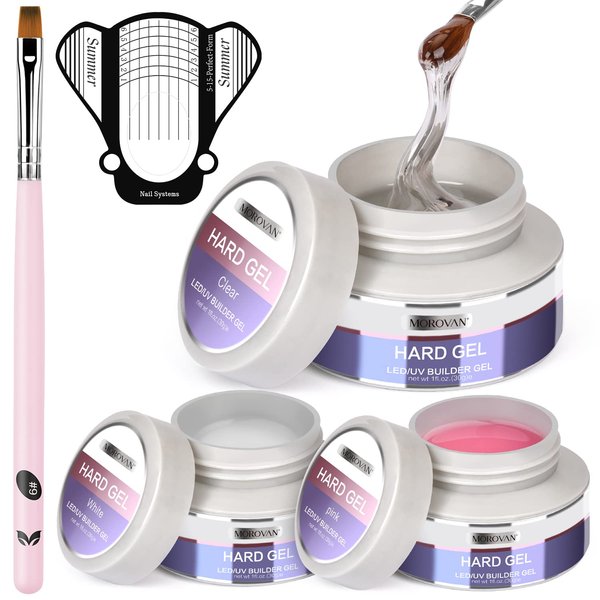 Morovan Builder Nail Gel for Nails 3 colors 1oz LED/U V Gels Clear Pink White Strengthen Nail Extension Gel Nail Art Manicure Set with Nail Forms