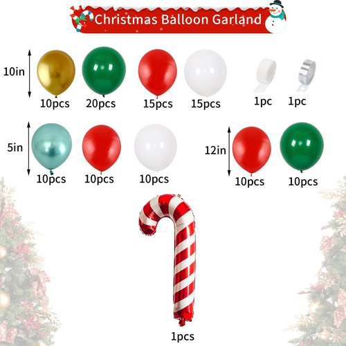 Christmas Balloon Garland Arch Kit, Xmas Balloon Decorations with Red Candy Elf Foil Balloons, Metallic Green Red Gold White Balloons for New Year Kids Birthday Baby Shower Party