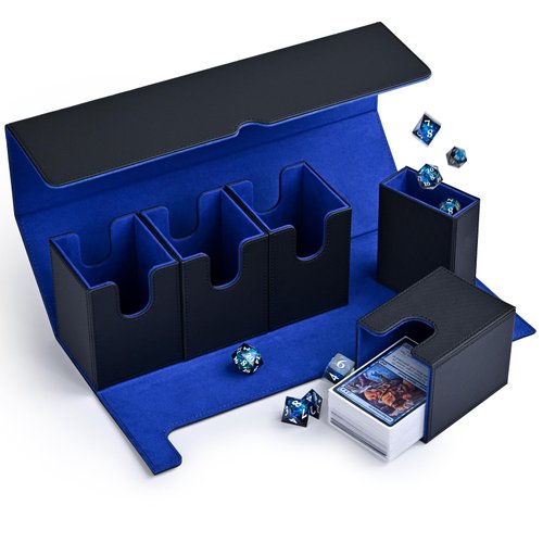 Infinity Guard Card Storage Box for Yugioh, 5 in 1 Removable Card Deck Box Case with Dice Tray Holds 900+ Unsleeved Cards, Strong Magnet Card Organizer Suitable for MTG Commander Cards (Black&Blue)