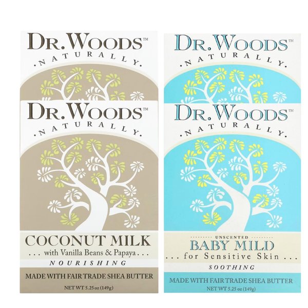 Dr. Woods Bar Soap - Two Each of Baby Mild Unscented and Coconut Milk with Vanilla Bean and Papaya, Bundle of 4