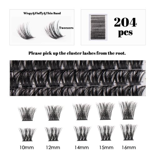 Lash Clusters DIY Lash Extension Kit 204pcs Individual Lashes Clusters Eyelash Extension Kit with Applicator and Lash Bond & Seal,Lash Extension Remover Mix 10-16mm C D Curl EASY TO USE-（DM27+DM28）