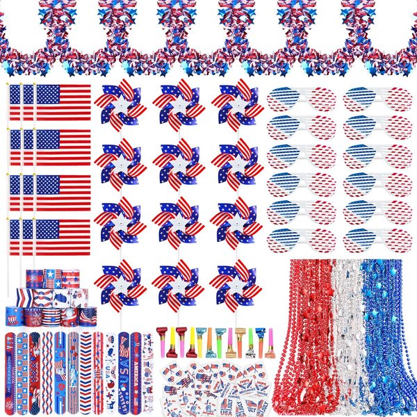 MOVINPE 150pcs 4th of July Accessories Patriotic Party Favors, Tinsel Garland Shutter Glasses Pinwheels Beaded Necklaces Flags Slap Bracelets Musical Blow Outs Tattoos Parades Giveaways (Multicolors)