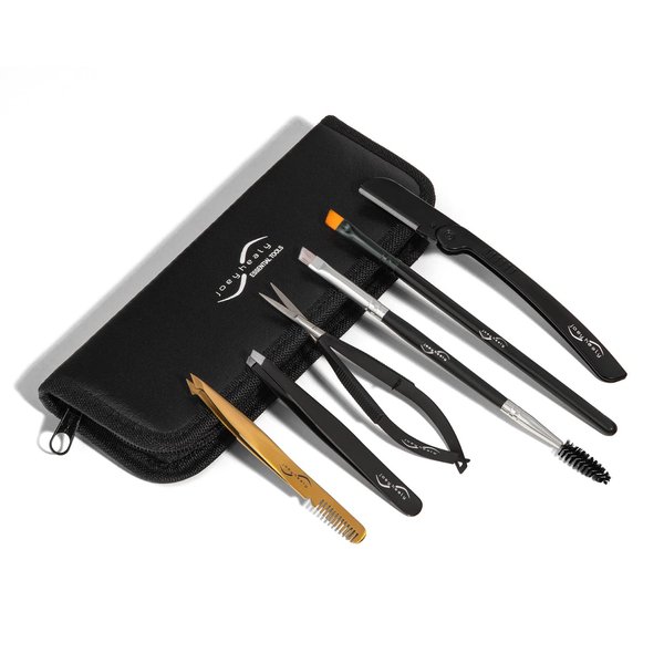 Joey Healy Essential Tools, Eyebrow Kit, Brow Scissor, Pro Sculpting Tweezer, Elite Sculpting Tweezer, Duo Brow Brush, Calligraphy Brow Brush, Grooming Dermablade & Black Case