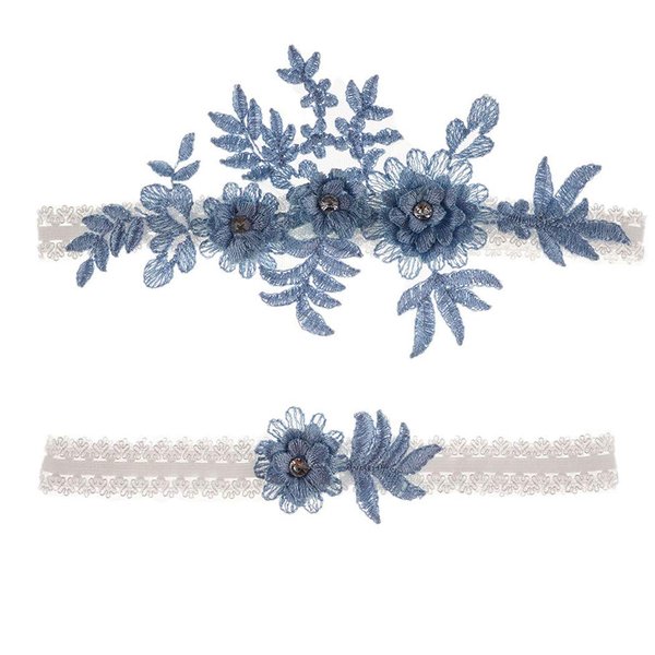 Wedding Garters for Bride Lace Bridal Garter Belt Set with Floral Stretchy Blue Garter