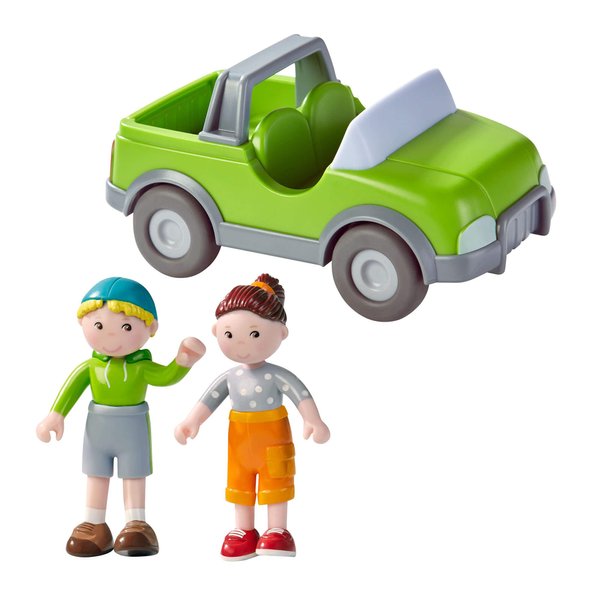 HABA Little Friends Out and About Playset with 2 Toy Figures and Green Momentum Motor Vehicle