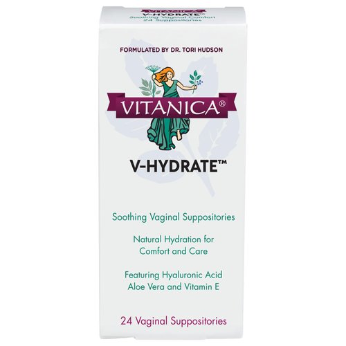 Vitanica V-Hydrate, Hyaluronic Acid Vaginal Suppositories for Comfort and Vaginal Hydration with Aloe Vera and Vitamin E, Hormone-Free & Drug-Free, Vegan, 2 Month Supply, 24 Count