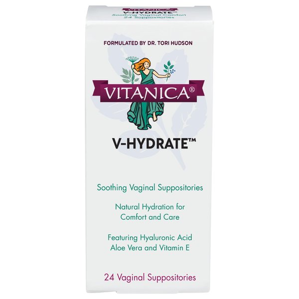 Vitanica V-Hydrate, Hyaluronic Acid Vaginal Suppositories for Comfort and Vaginal Hydration with Aloe Vera and Vitamin E, Hormone-Free & Drug-Free, Vegan, 2 Month Supply, 24 Count