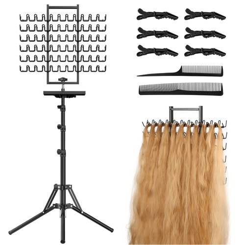 WISIMMALL Braiding Hair Rack with 144 Pegs, Height Adjustable Hair Braiding Rack 2-Side Metal Hair Extension Holder Hair Display Stand with 6*Hair Clips 2*Comb for Hair Braiding Hair Salon