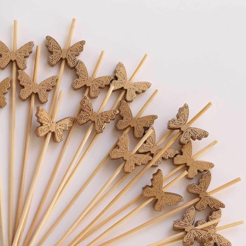 TABLECLOTHSFACTORY 100 Pack Natural Biodegradable Butterfly Cocktail Sticks, Eco Friendly Bamboo Skewers Party Picks - 5" For Party & Decorations