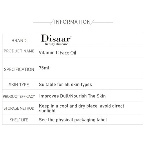 DISAAR Beauty Vitamin C Face Oil Hyaluronic Acid Facial Moisturizing Essence Nourish Skin 75ml/2.5fl.oz