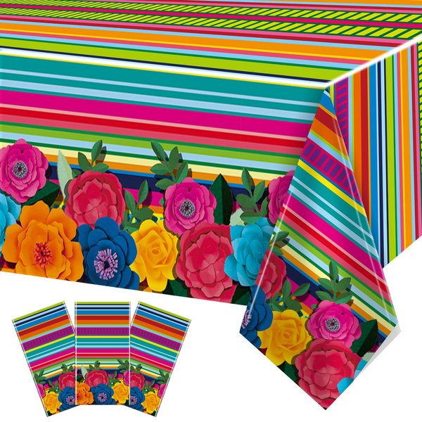 3 Pieces Mexican Fiesta Party Supplies Mexican Theme Tablecloths Cinco De Mayo Table Covers Mexican Floral Stripes Tablecover for Happy Birthday Taco Weddings Baby Shower Party Favors Decorations