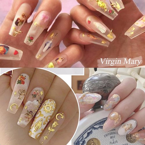 God Jesus Nail Art Stickers, Angel Christ Virgin Maria Love Cupid Flowers Nail Art Decals, Holographic 3D Angel Self-Adhesive Nail Sticker Design for Women Girls Manicure Charms Decorations