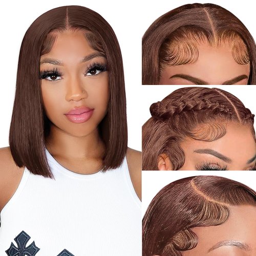 Eyefanniy Dark Brown Bob Wig Human Hair 13x4 HD Lace Front Wigs Short Bob Lace Frontal Wigs for Black Women Pre Plucked with Baby Hair Glueless 180% Density 12 Inch