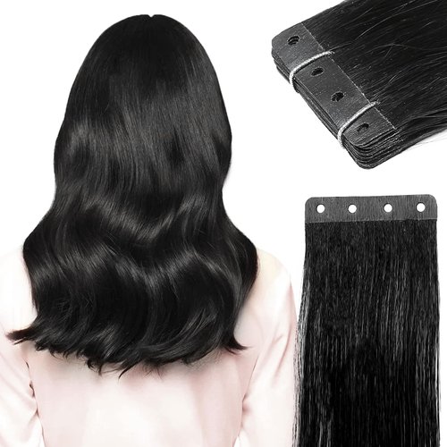 HANNE 12 Inch PU Tape in Hair Extensions Real Human Hair via Hair Beads Invisible Real Hair Extensions Reusable PU Skin Remy Hair Extensions 20 PCs Black No Tape in Extensions Real Human Hair（1B）