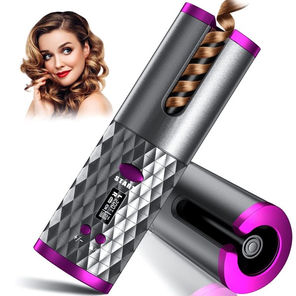 Automatic Curling Iron, Cordless Auto Hair Curler, Ceramic Rotating Hair Curler with 6 Temps & Timers, Portable Rechargeable Curling Wand, Auto Shut-Off, Fast Heating Iron for Styling Wadn