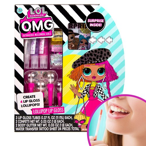 Horizon Group USA L.O.L. Surprise! O.M.G. Lollipop Lip Gloss, Create 4 LOL Surprise Lip Glosses, Includes 4 Lip Gloss Containers, 3 Fun Flavors, Confetti, Surprise Temporary Tattoos & More