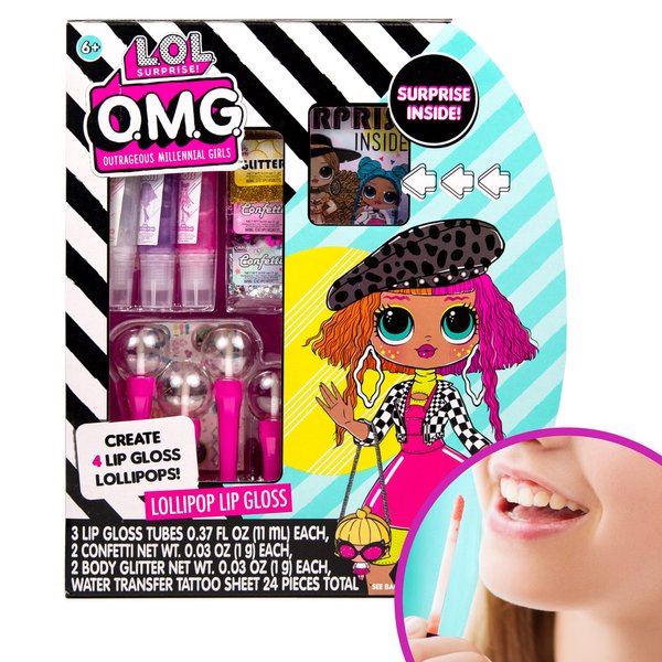 Horizon Group USA L.O.L. Surprise! O.M.G. Lollipop Lip Gloss, Create 4 LOL Surprise Lip Glosses, Includes 4 Lip Gloss Containers, 3 Fun Flavors, Confetti, Surprise Temporary Tattoos & More