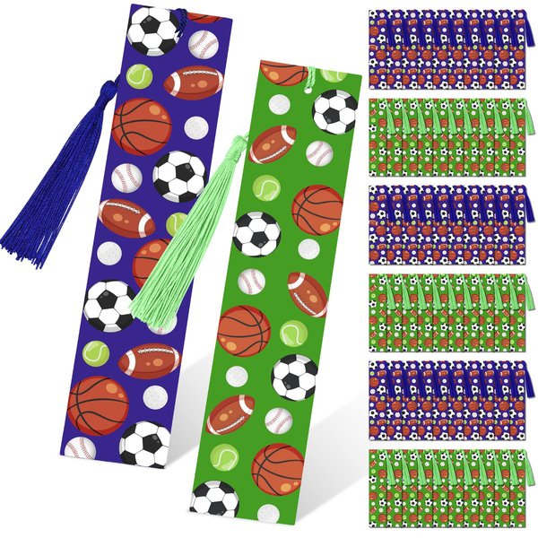 60 Pieces Sports Bookmarks Sports Party Favors Baseball Football Basketball Soccer Themed Sports Bookmarks with Tassels for School Reading Encouragement Office Stationery Class Reward Supplies