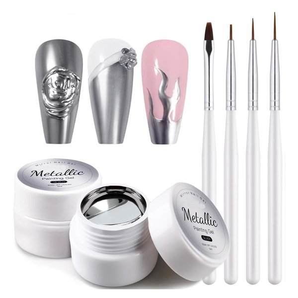 Lawnite 2Pack Chrome Nail Polish Silver Metallic Liquid Gel Nail Polish Set With Built in Brush 3D Painting Drawing Metal Polish 5ml