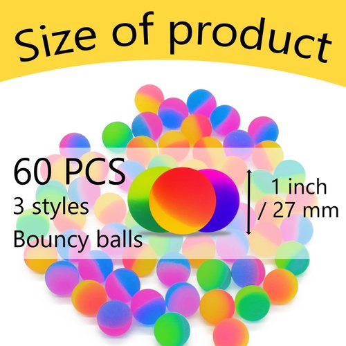 60 PCS Bouncy Balls,Colorful Bouncy Ball,27mm Super Rubber Bounce Ball,Bright Assorted Multicolor Bouncing Balls for Christmas Gifts,Kids,Toddlers,Childrens,Party Favors,School Carnival Prizes