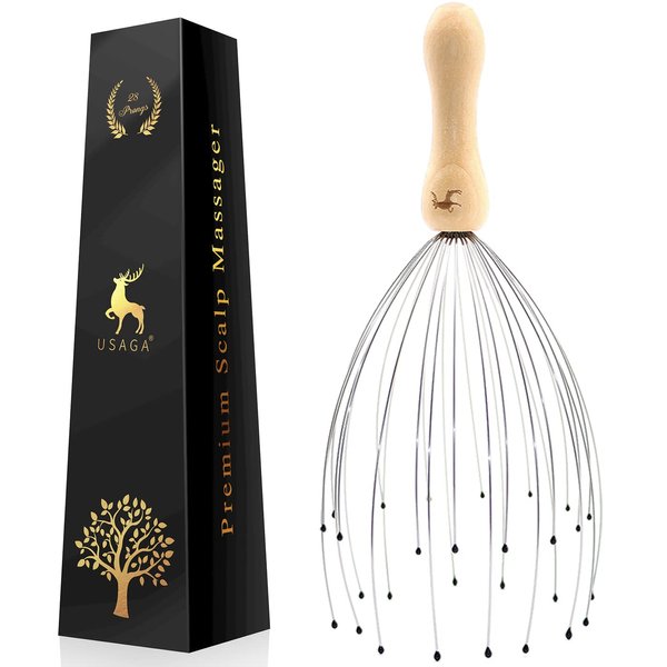 USAGA 28 Finger Head Scratcher, Head Massager, Scalp Massager Head Whisk Massager for Head Hair Body Massage and Stress Relax, Wire Massager Wood Handle (1 Pack)
