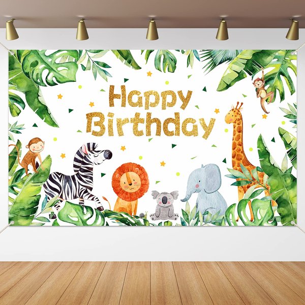 Safari Happy Birthday Party Supplies Jungle Animals Theme Birthday Banner Backdrop Zoo Animals Party Decorations backgroud for Baby Shower Birthday Party Indoor Outdoor Decorations Supplies