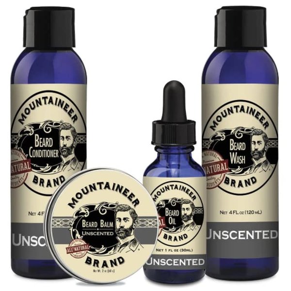 Mountaineer Brand Everyday Necessities Beard Bundle | Beard Wash, Conditioner, Beard Balm, Beard Oil for Men | Cleans, Hydrates Wiry Beards | Leaves Hair Soft and Manageable | Unscented Scent