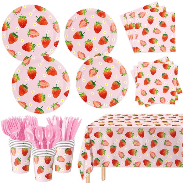 LINHAXM Strawberry Birthday Decorations Strawberry Party Tableware Include Plates, Cups, Napkins, Cutlery, Tablecloth for Berry First Birthday Decor, Serve 24
