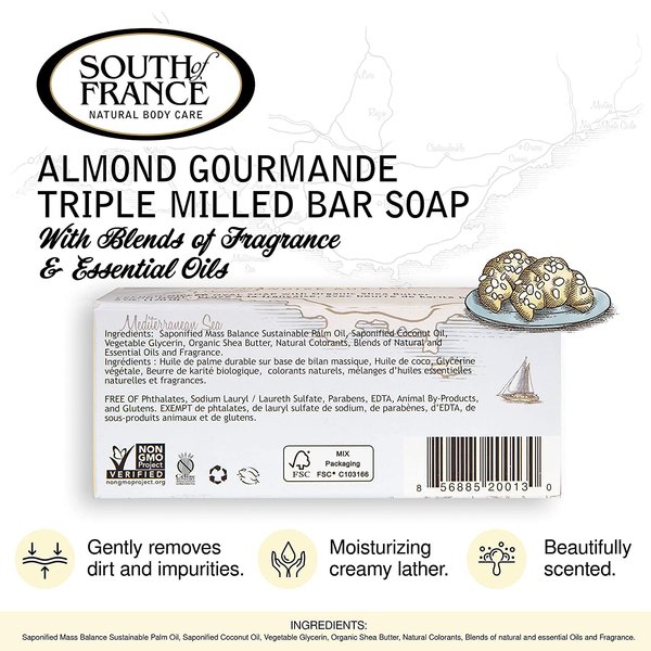 Sweet Almond Bar Soap by SoF Body Care (Formerly South of France Body Care) | Triple-Milled Soap with Shea Butter + Essential Oils | Vegan, Non-GMO Body Soap | 6 oz Bar | 4 Bars