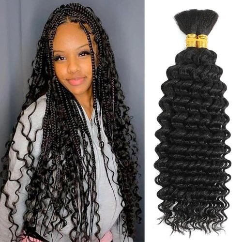 Human Braiding Hair 22 Inch Deep Wave Bulk Human Hair for Braiding No Weft 100% Unprocessed Curly Braiding Hair Human Hair Extensions for Boho Braids Wet and Wave Natural Black Color (100g/Pack)
