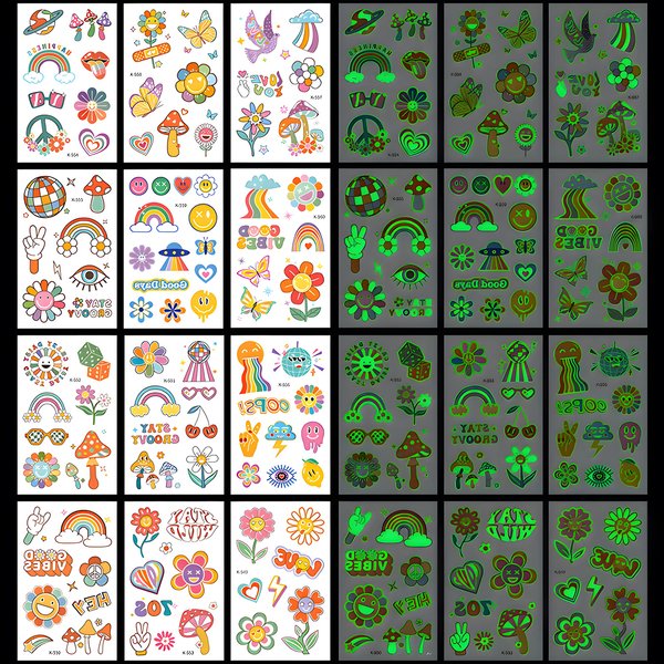 Finduat Glow In The Dark Groovy 70s Temporary Tattoos Stickers Kids Waterproof Luminous Tattoo Stickers Hippie Theme Birthday Party Supplies, Good Vibes Only Favors, Rainbow Arts and Crafts