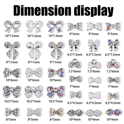 WOKOTO 33 Pcs 3D Silver Bowknots Nail Charms for Nail Art 3D Bow Charms for Acrylic Nails Art Jewels Nail Rhinestones and Charms for Nails Designs Charms 3D Bow Ties Charms Nail Art Gems for Women
