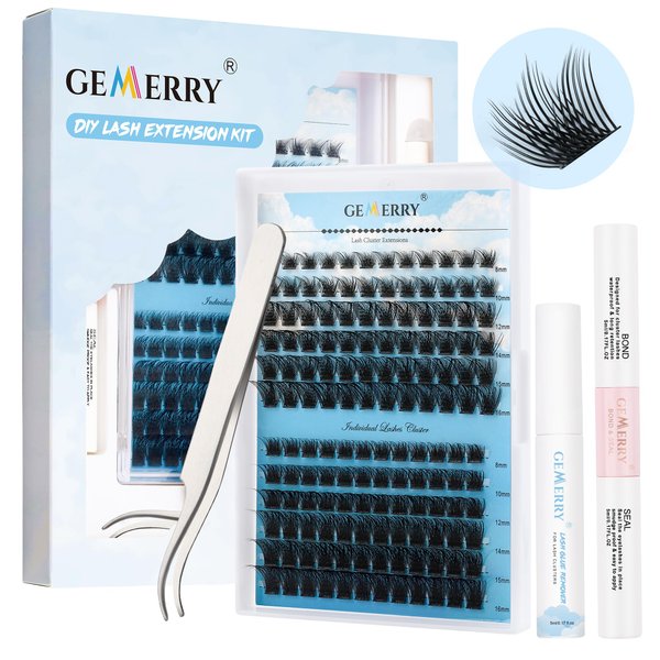DIY Eyelash Extension Kit GEMERRY Lash Clusters Kit with 144 PCS Lash Clusters Mix 8-16mm 10ml Bond and Seal Lash Glue Remover and Lash Tweezers for Beginners Lash Extension Kit
