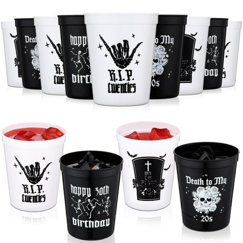 Layhit 12 Pcs Gothic 30th Birthday Plastic Cups 16 oz Reusable Death to My 20s Thick Cup Halloween 30th Birthday Cups Novelty Rip Twenties Stadium Cups for 30th Birthday Party Supplies Decorations
