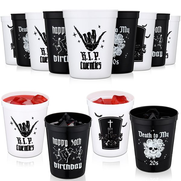 Layhit 12 Pcs Gothic 30th Birthday Plastic Cups 16 oz Reusable Death to My 20s Thick Cup Halloween 30th Birthday Cups Novelty Rip Twenties Stadium Cups for 30th Birthday Party Supplies Decorations
