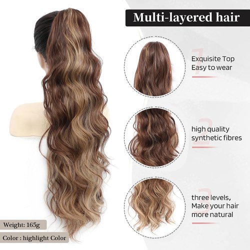 Hair Ponytail Extension 26" Claw Clip In Ponytail Hair Extensions Jaw Clip in Long Curly Wavy Pony Tails Hair Extension Natural Looking Synthetic Hair piece for Women Dark Brown To Blonde