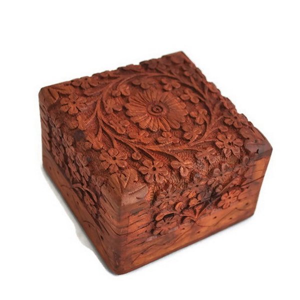 Artncraft Jewelry Box Novelty Item, Unique Artisan Traditional Hand Carved Rosewood Jewelry Box From India Inside
