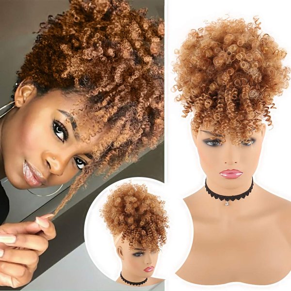 CINHOO Afro High Puff Hair Bun Ponytail Drawstring With Bangs Synthetic Short Kinkys Curly Pineapple Pony Tail Clip in on Wrap Updo Hair Extensions for African American Women (T4/630)