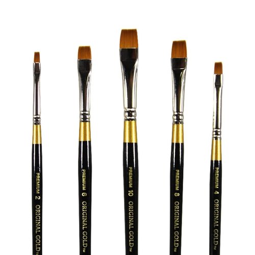 KINGART B-010 Premium 5 pc. Original Gold 9450 Series Chisel Blender/Bright Artist Brush Set, Synthetic Golden Taklon for Acrylic, Oil Watercolor Paint, Short Handle, 5 Sizes - 2, 4, 6, 8, 10