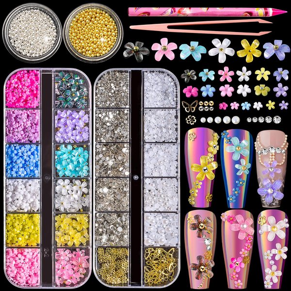 4400pcs 3D Flower Nail Charms and Gems, Colorful Acrylic Flower Charms for Nails Design,4 Boxes Nail Art Rhinestones and Flatback Pearl Nail Charms,Silver Gold Caviar Beads with Wax Pencil Tweezers
