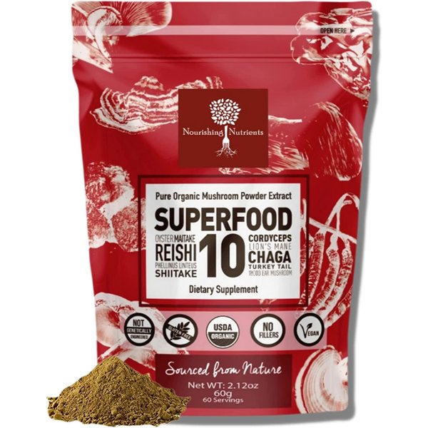 Organic Mushroom Powder Extract -Superfood 10 Supplement 14x Stronger 100% Pure USDA Immunity Booster- Reishi, Chaga, Cordyceps, Shiitake, Lions Mane, Turkey Tail and More. Add to Coffee/Tea 60 Grams