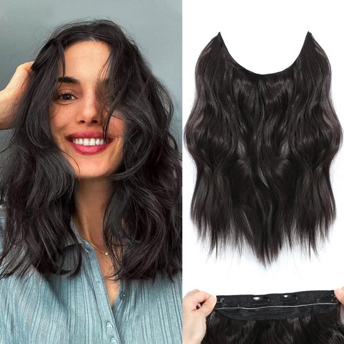 BUPPLER Halo Hair Extensions 12 Inch Invisible Wire Hair Extensions Adjustable Long Wavy Hair Extensions Synthetic Upgrade 4 Secure Clips in Hairpieces 12 Inch,Black Brown