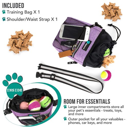 PetAmi Dog Treat Pouch, Pet Treat Pouch for Training, Dog Walking Bag Holder for Kibbles, Pet Food Toy, Dog Trainer Essentials Supplies, Poop Bag Dispenser, 3 Ways to Wear (Purple)